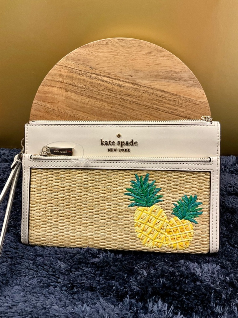 kate spade Straw Wristlet with Pineapple Embroidery in White and Yellow